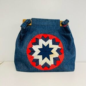 Boho Quilted Star Denim Shoulder Bag with Wooden Rod Detail